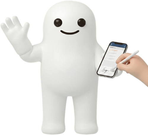 EzPzeApp mascot signing off a completed job on a phone